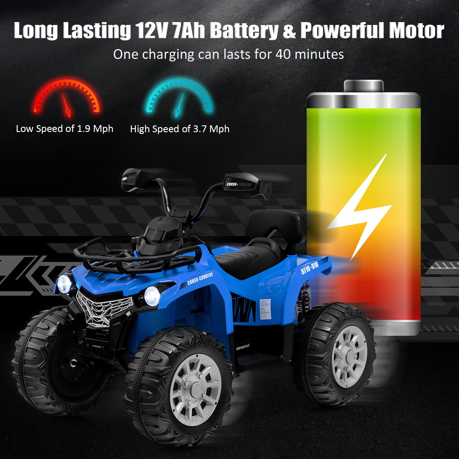 Blue toy ATV with battery and speed indicator graphics on a dark background