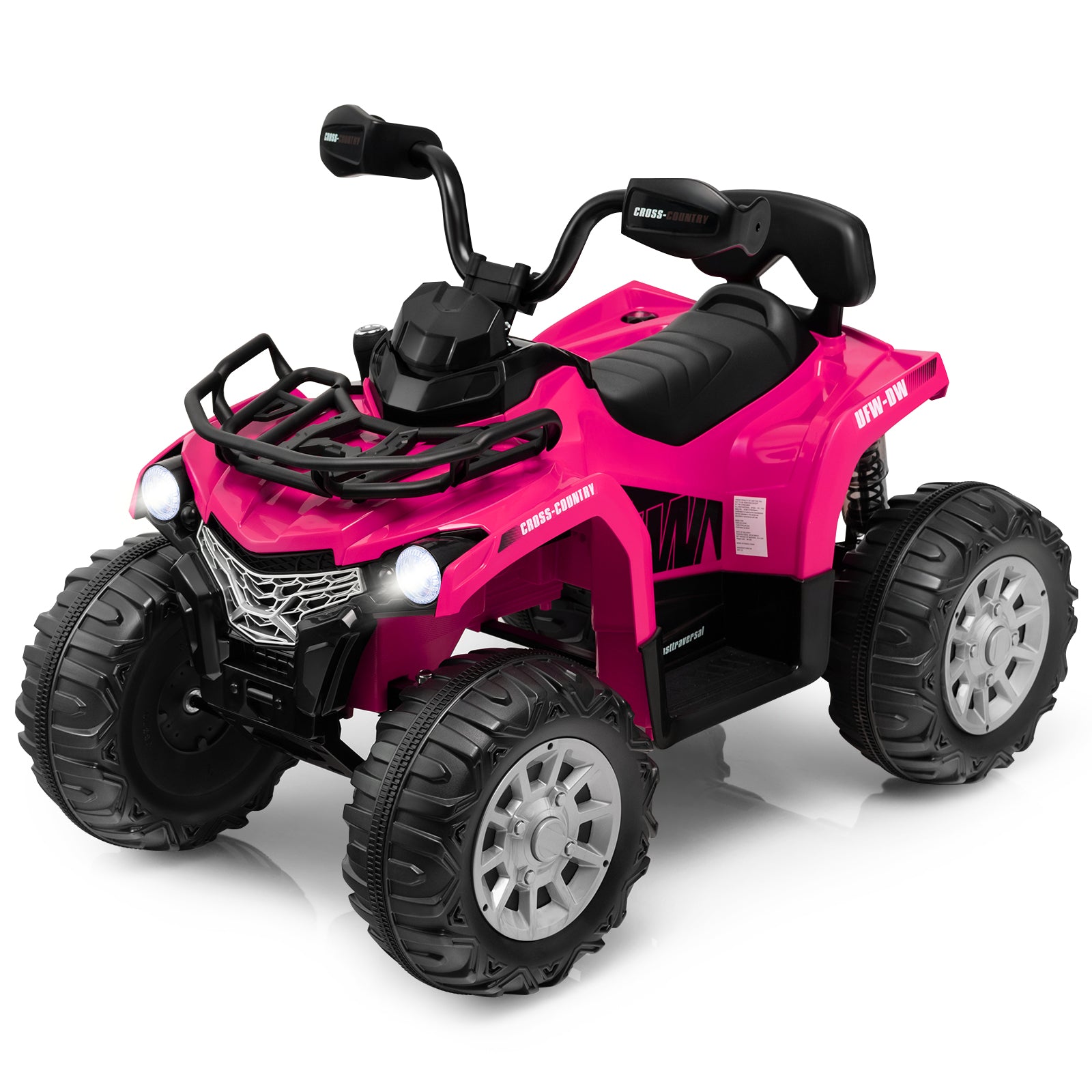 Pink toy ATV with black accents on a white background