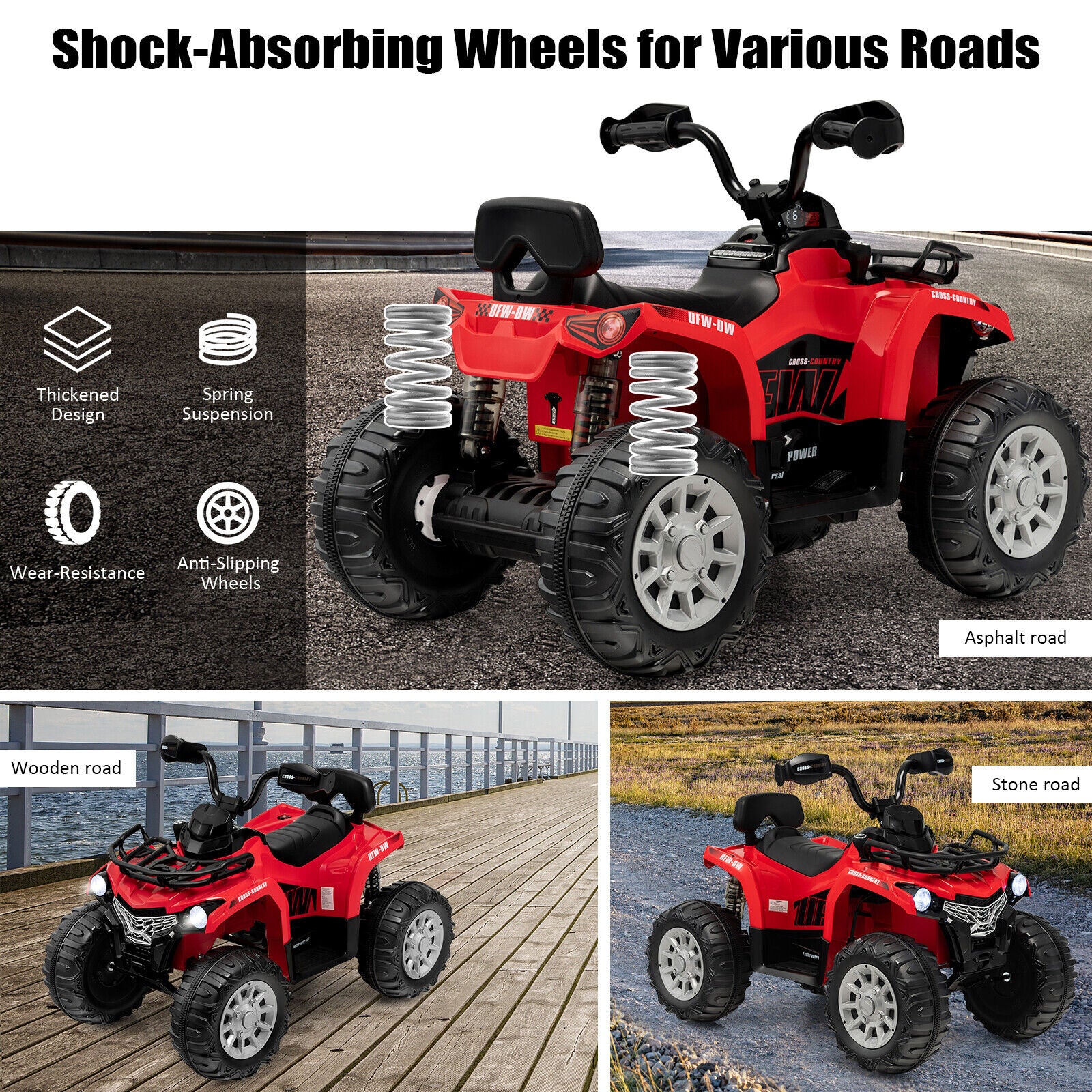Red toy ATV with shock-absorbing wheels on different road surfaces, highlighting features.