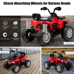 Red toy ATV with shock-absorbing wheels on different road surfaces, highlighting features.