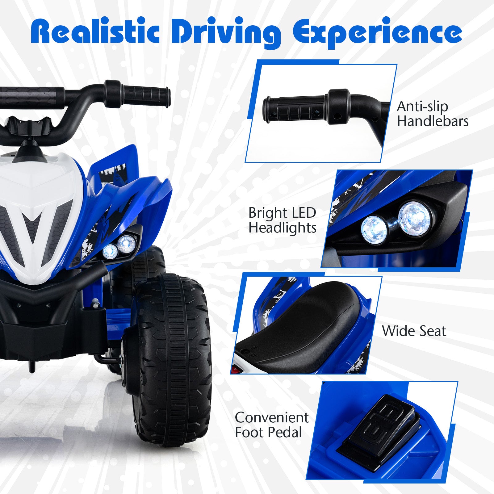 Blue toy ATV with features highlighted on a white background