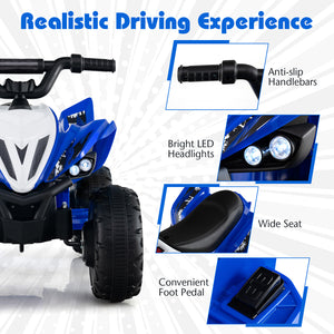 Blue toy ATV with features highlighted on a white background
