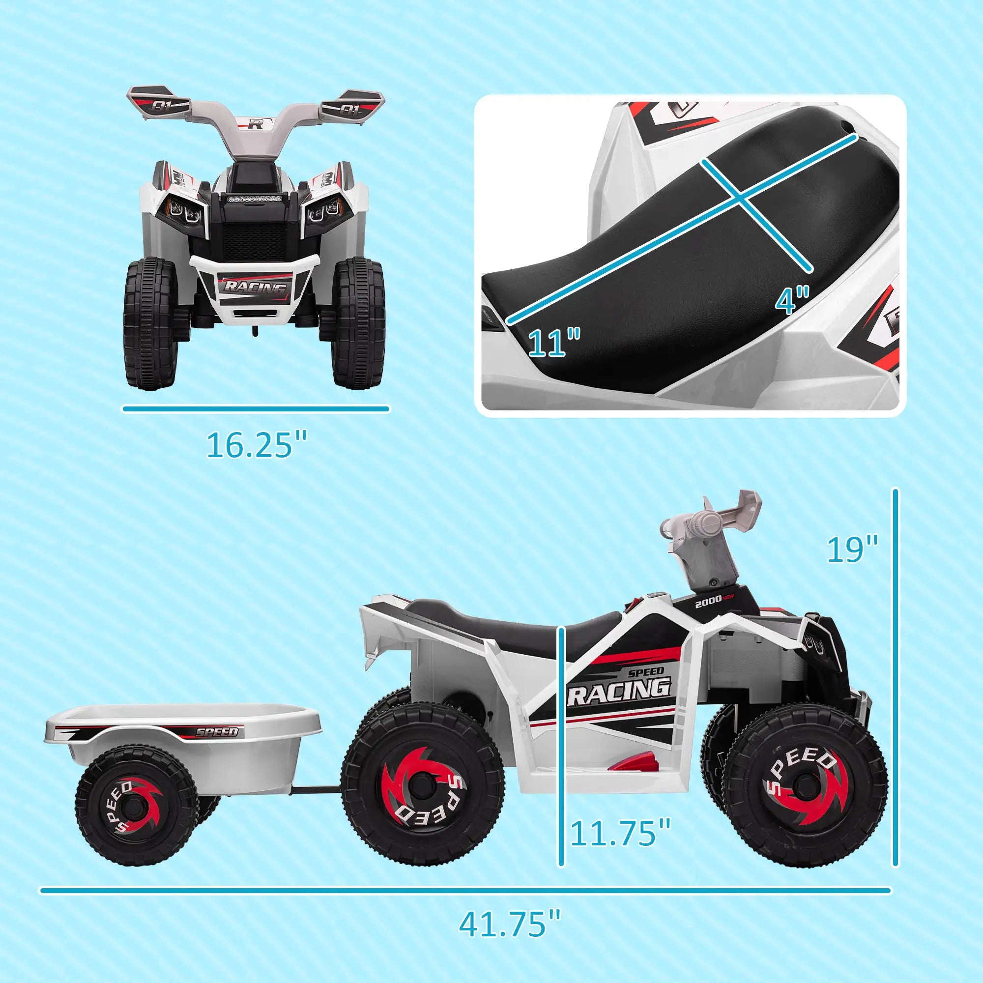Measurement chart of a toy ATV with dimensions labeled on a blue background