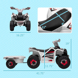Measurement chart of a toy ATV with dimensions labeled on a blue background