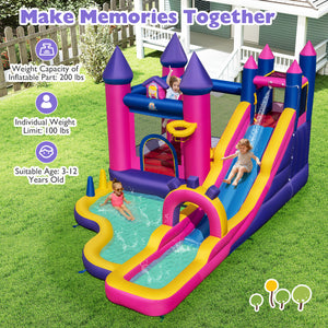 Inflatable water slide and castle with children playing on a grassy area