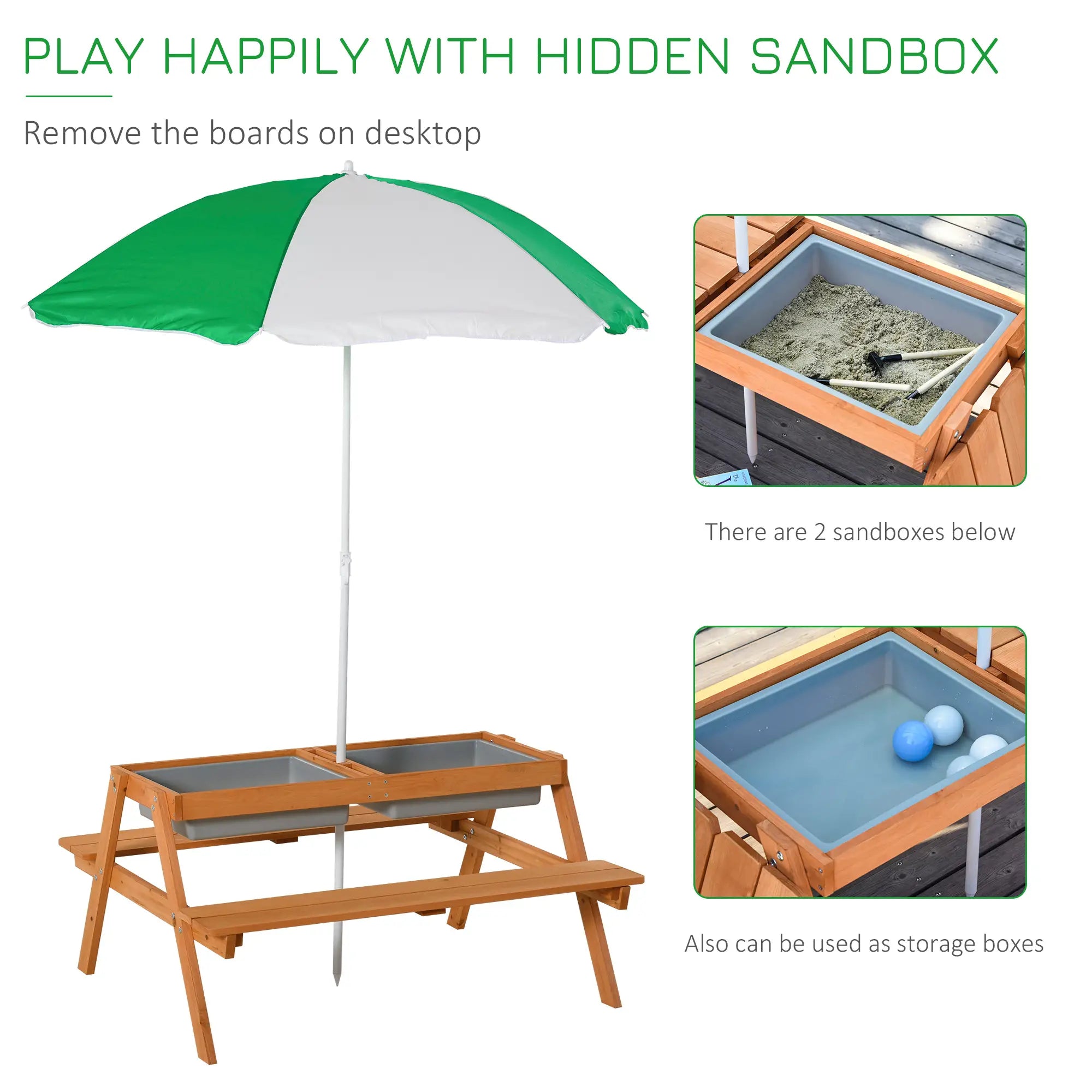 A wooden children's sandbox table set with a green and white patio umbrella, shown on a white background with two inset photos demonstrating the hidden sandboxes and storage boxes.