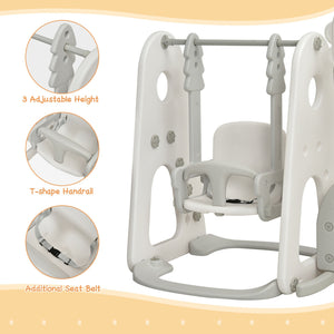 Children's swing with adjustable height, T-shaped handrail, and additional seat belt on a beige background.