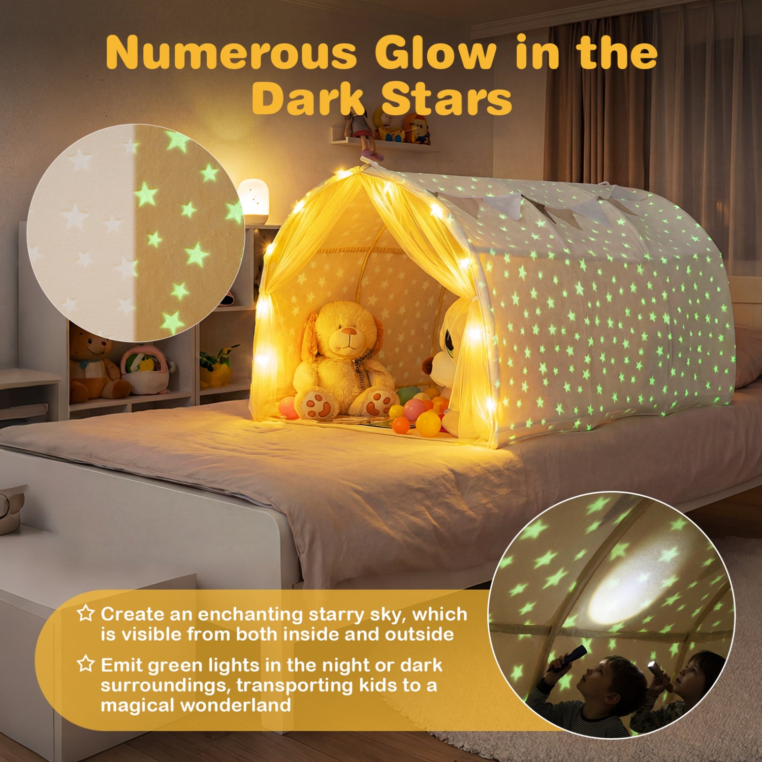 Children's play tent with glow-in-the-dark stars and toys inside, set up in a bedroom.