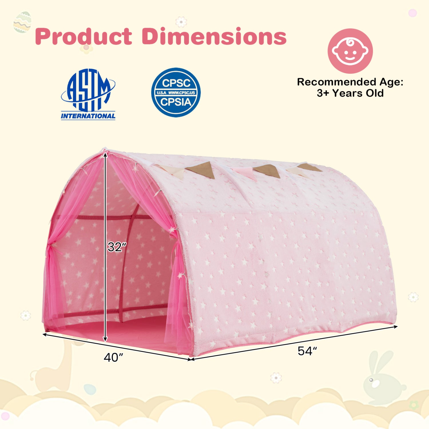 Pink children's play tent with dimensions and safety certification logos on a light background