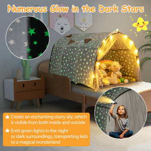 Children's bed tent with glow-in-the-dark stars and string lights in a bedroom setting.