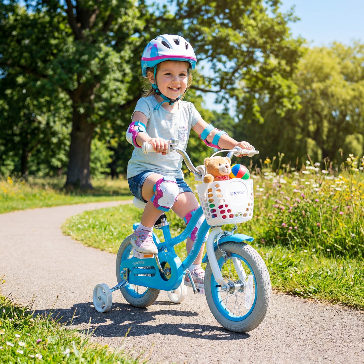Child riding a blue bicycle with training wheels in a park