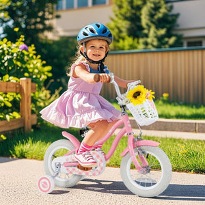 Front view of kids beginner bike with training wheels and basket