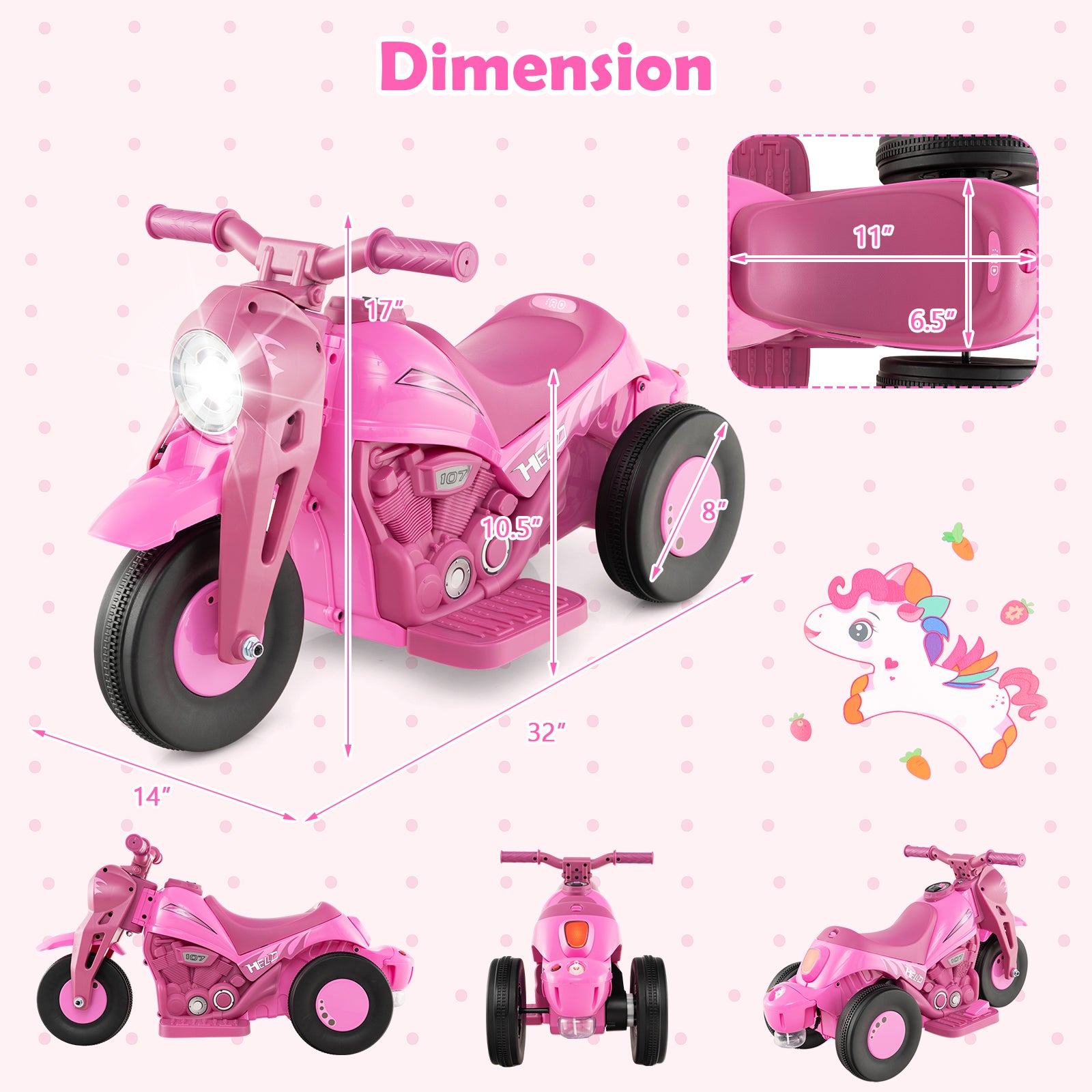 Pink toy motorcycle with dimensions on a polka dot background