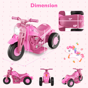 Pink toy motorcycle with dimensions on a polka dot background