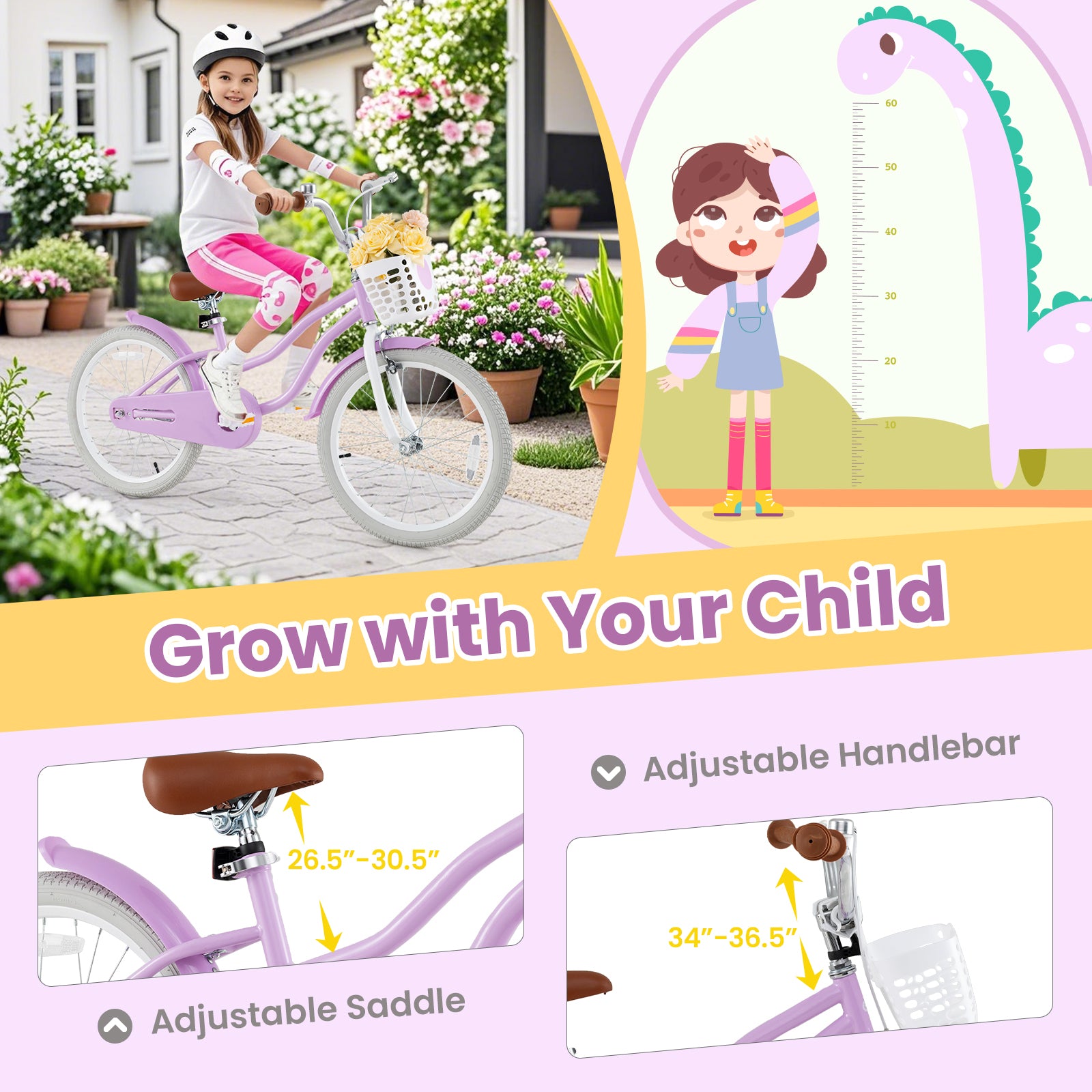 Child on a bicycle with a growth chart and bike details overlay