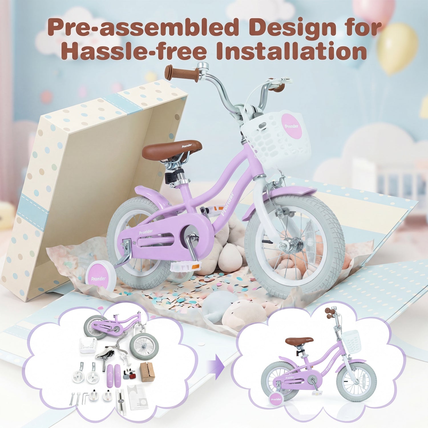 Pink children's bicycle with pre-assembled parts on a colorful background