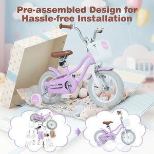 Pink children's bicycle with pre-assembled parts on a colorful background