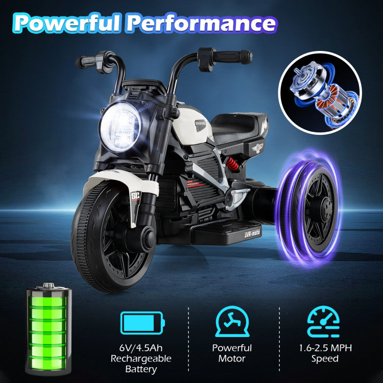 Toy motorcycle with glowing wheels on a dark background, featuring text about powerful performance.