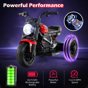 Toy motorcycle with glowing wheels on a dark background, featuring text about powerful performance.