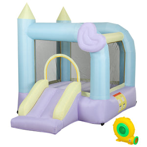 Inflatable children's play castle with slide and castle design on a white background