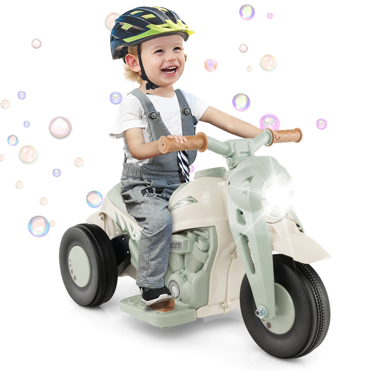 Child riding a toy motorcycle with bubbles in the background