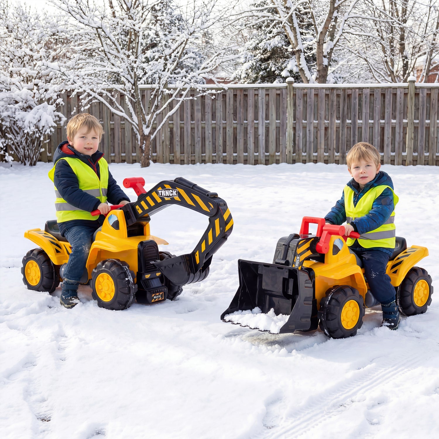 Two children playing with toy construction vehicles in a snowy backyard.