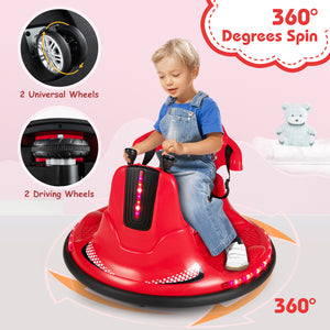 Child playing with a red bumper car on a pink background, highlighting features like 360-degree spin and universal wheels.