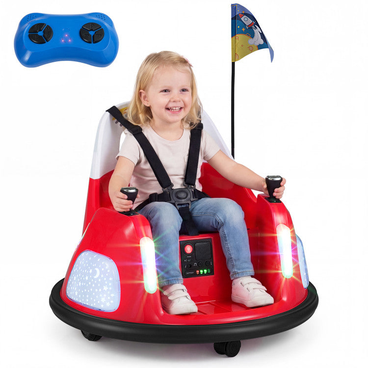Child sitting in a red toy car with a blue remote control on a white background