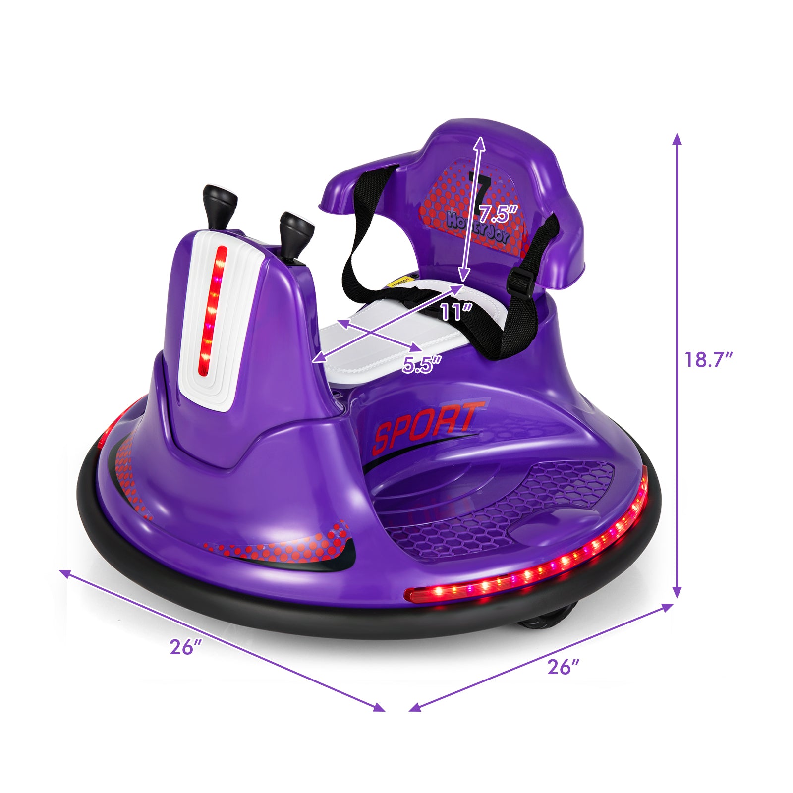 Purple toy car with dimensions indicated on a white background