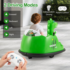 Green dinosaur-shaped baby bumper car with remote control on a tiled floor.