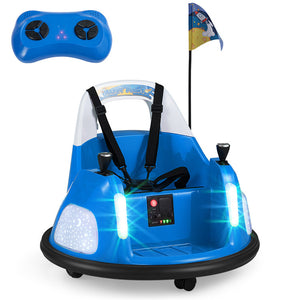 Blue toy car with remote control and flag on a white background