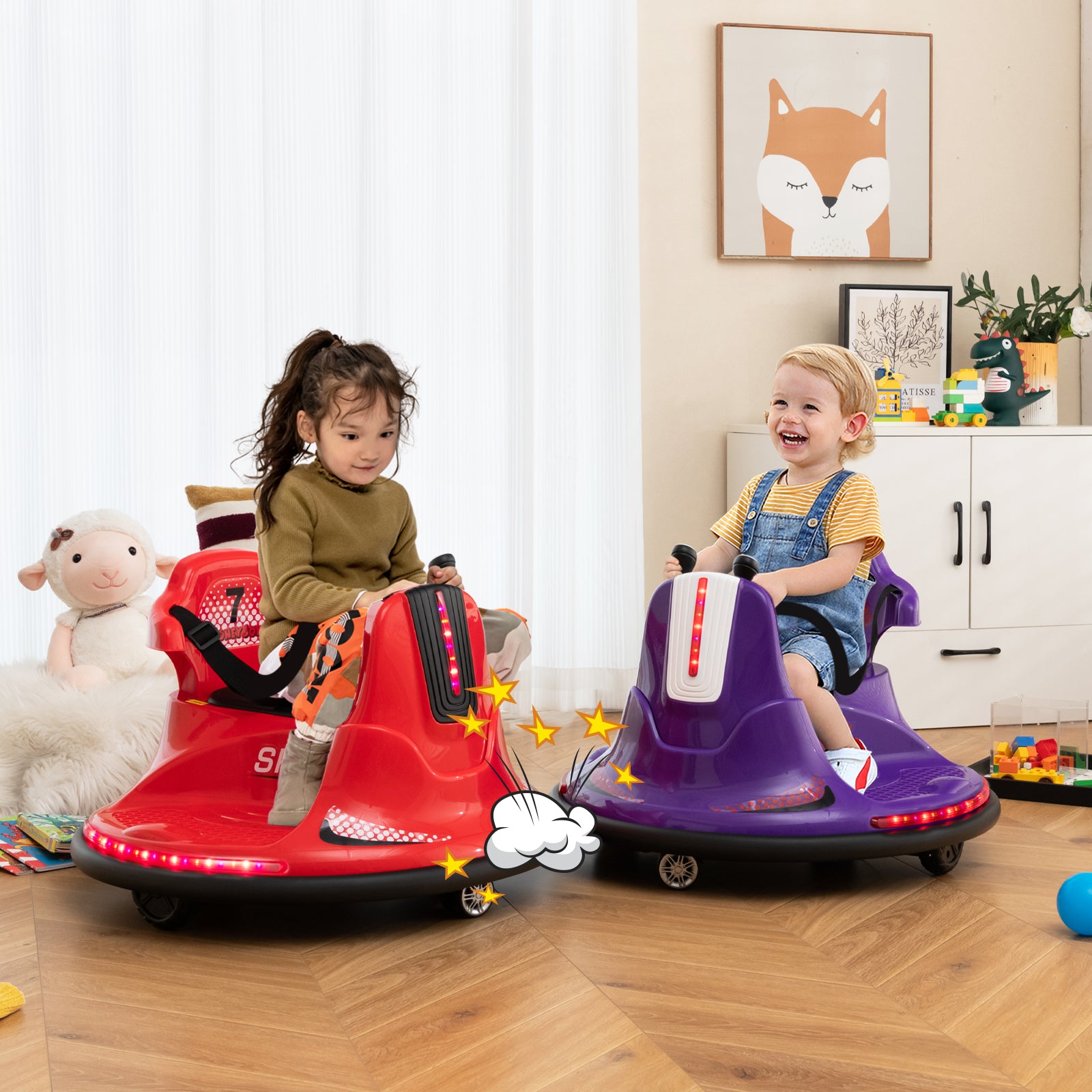 Two children playing with red and purple toy cars in a room with a white cabinet and decorative items.