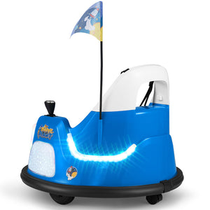 Blue and white children's electric bumper car ride-on toy with a small rocket-themed flag on a black pole, glowing light bar, and caster wheels, shown on a white background.