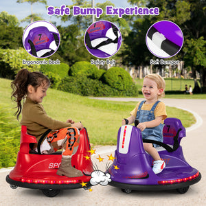 Two children playing with red and purple bumper cars in a park, highlighting safety features.
