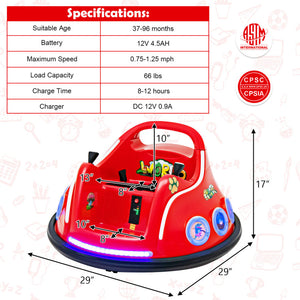 Red children's bumper car with specifications on a white background