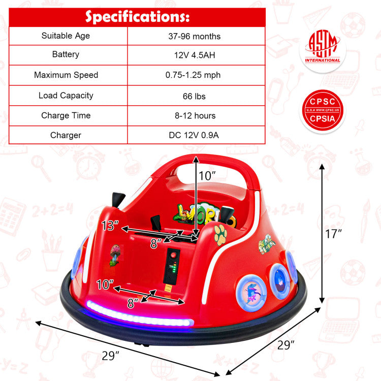 Red children's bumper car with specifications on a white background