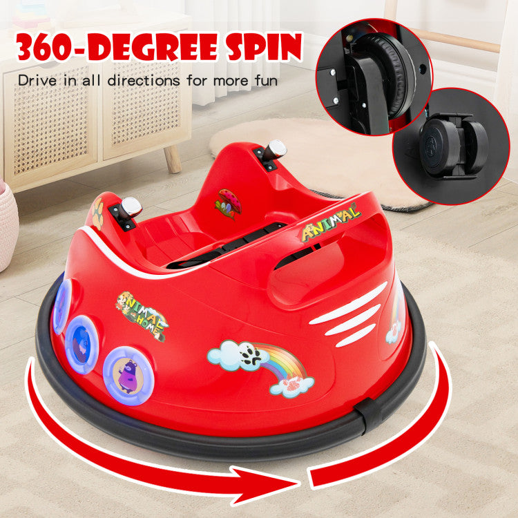Red children's bumper car with cartoon designs on a wooden floor, featuring 360-degree spin capability.