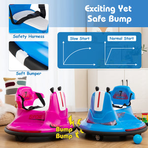 Two colorful children's bumper cars with safety features and a diagram on a wooden floor.