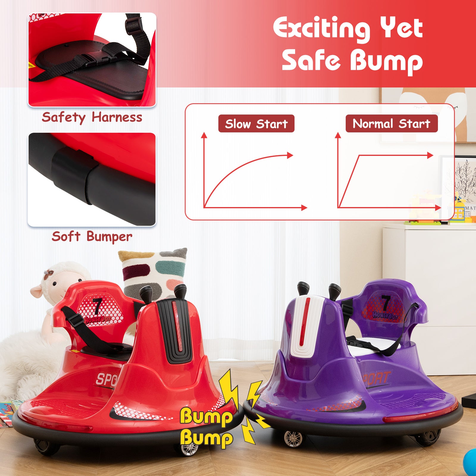 Children's red and purple bumper cars with safety features and text on a wooden floor.