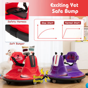Children's red and purple bumper cars with safety features and text on a wooden floor.