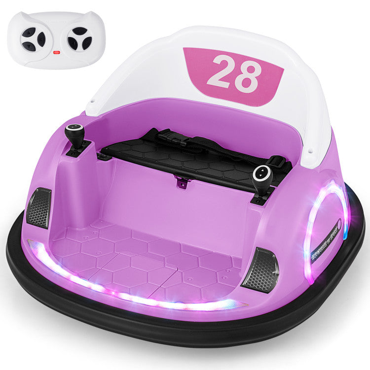 Purple bumper car with number 28 and remote control on a white background
