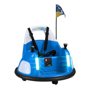 Blue children's bumper car with clear canopy and colorful flag on a white background