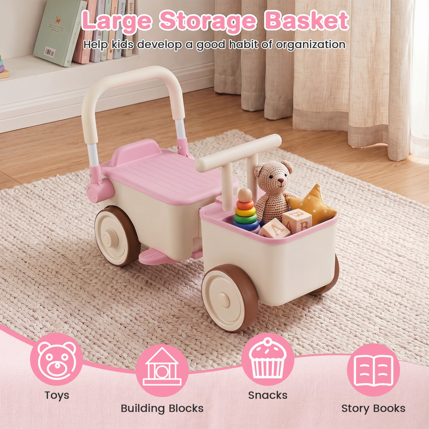 Pink and beige storage basket with wheels filled with toys on a wooden floor.
