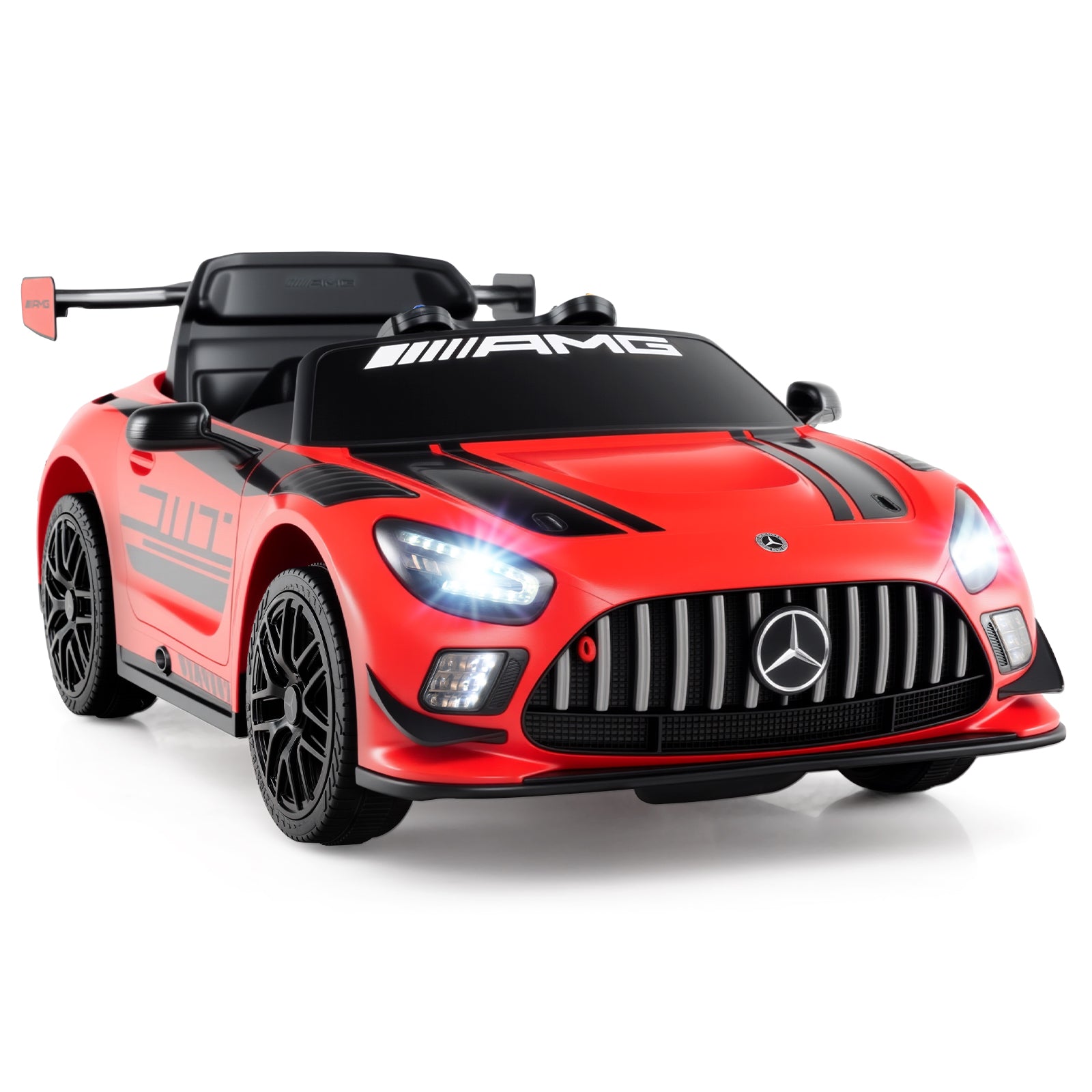 Red toy car with Mercedes-Benz logo on a white background