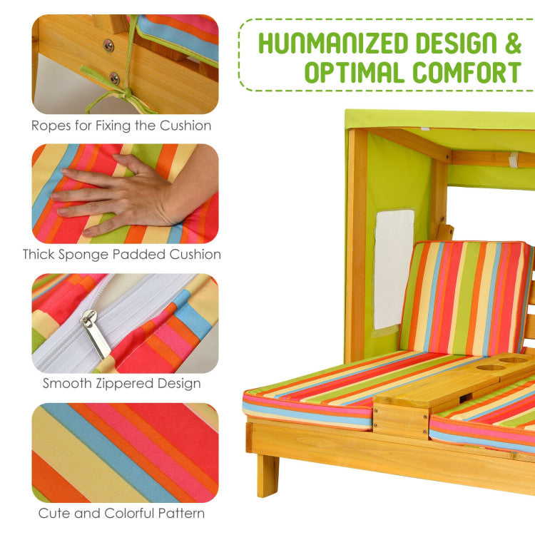 Colorful cushioned chair with features highlighted on a white background
