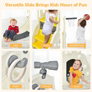 Children playing with a versatile play structure featuring slide, climber, basketball hoop, ring toss, telescope, and tunnel.