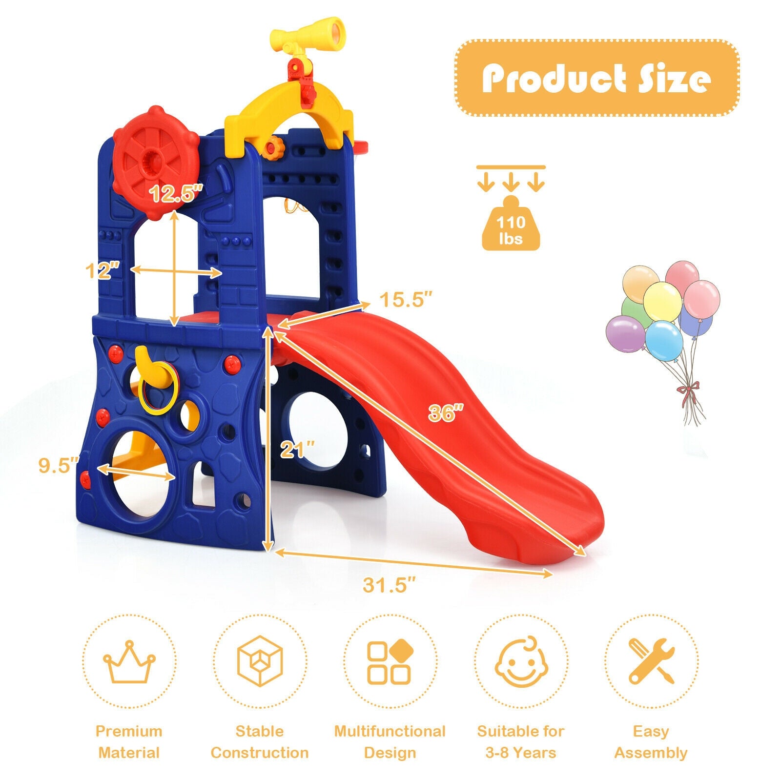 Children's play structure with slide and measurements on a white background