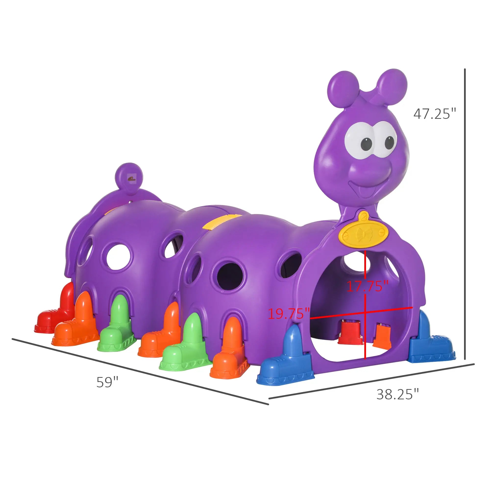 Purple toy with a face, colorful base, and measurements on a white background