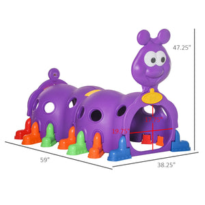 Purple toy with a face, colorful base, and measurements on a white background
