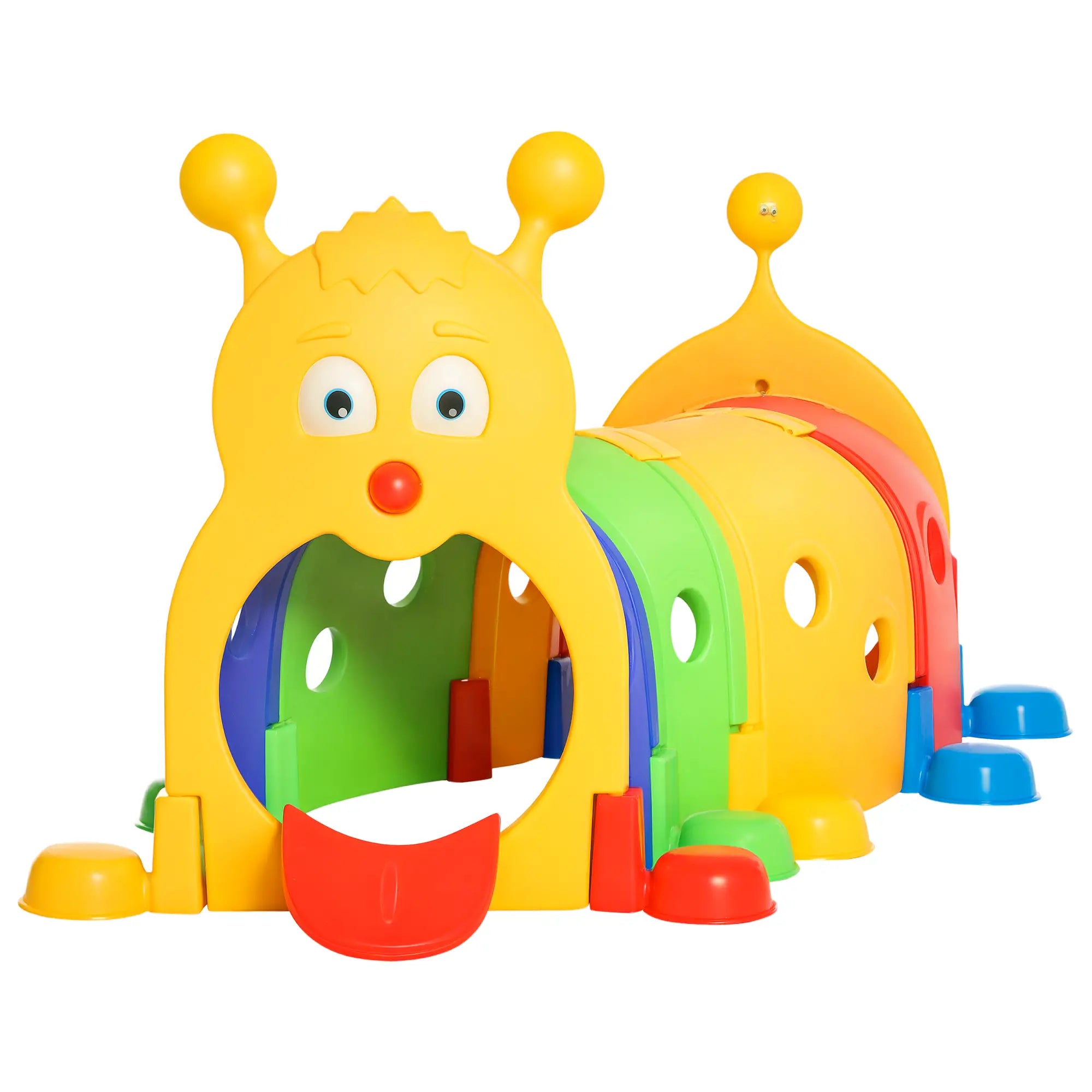 Colorful toy structure with a face on a white background